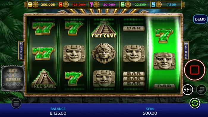 Mayan Madness - igralni zaslon z vrtečimi se koluti in linijami